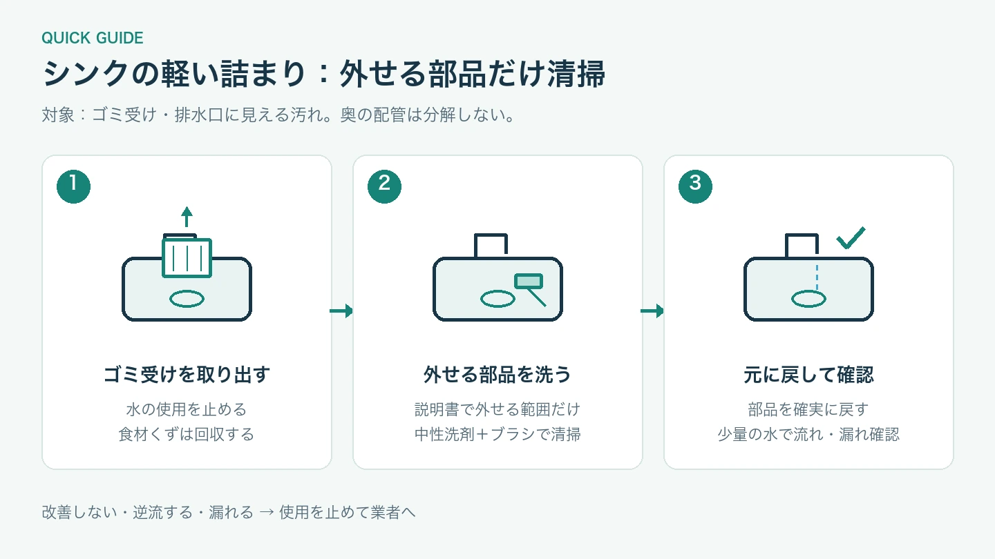シンク清掃の3手順:ゴミ受けを取り出す、外せる部品を洗う、元に戻して少量の水で確認
