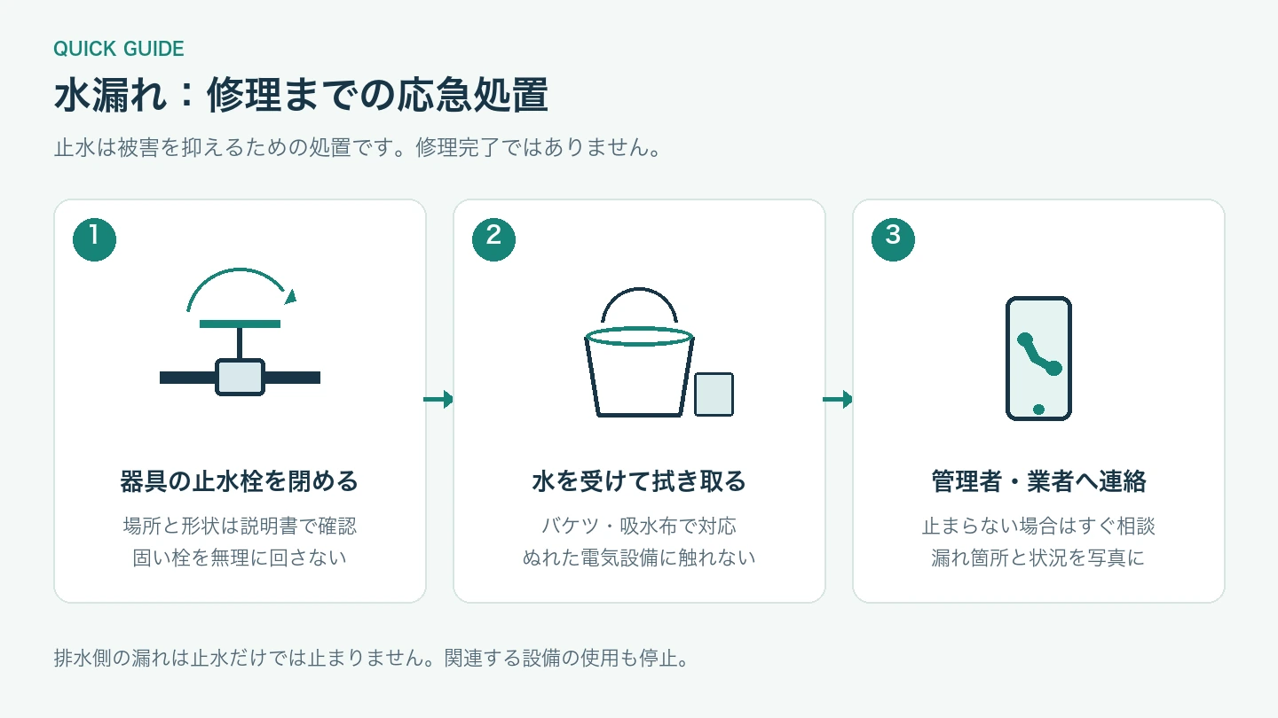 水漏れの応急処置:止水栓を閉める、水を受けて拭き取る、管理者と業者に連絡